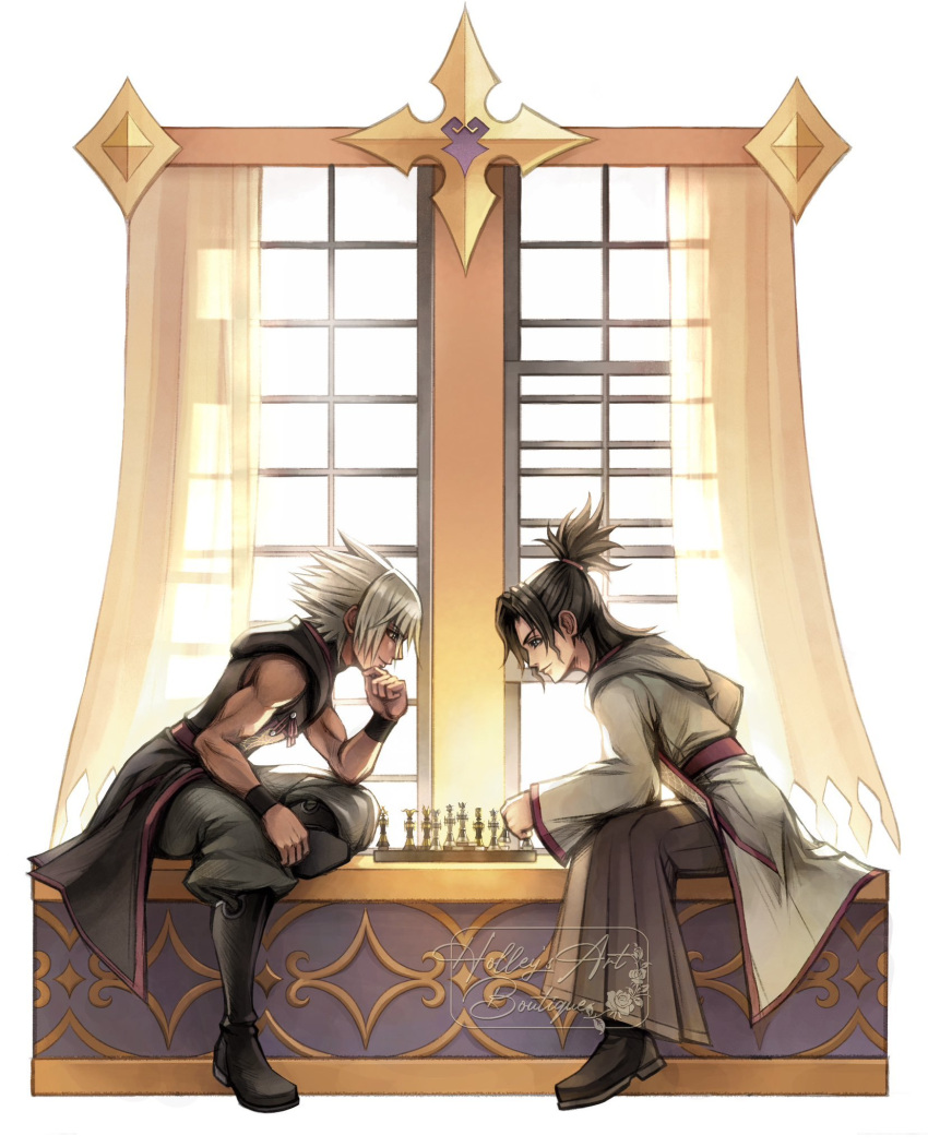 2boys, board_game, chess, dark-skinned_male, dark_skin, eraqus_(kingdom_hearts), highres, hollypolllyy
