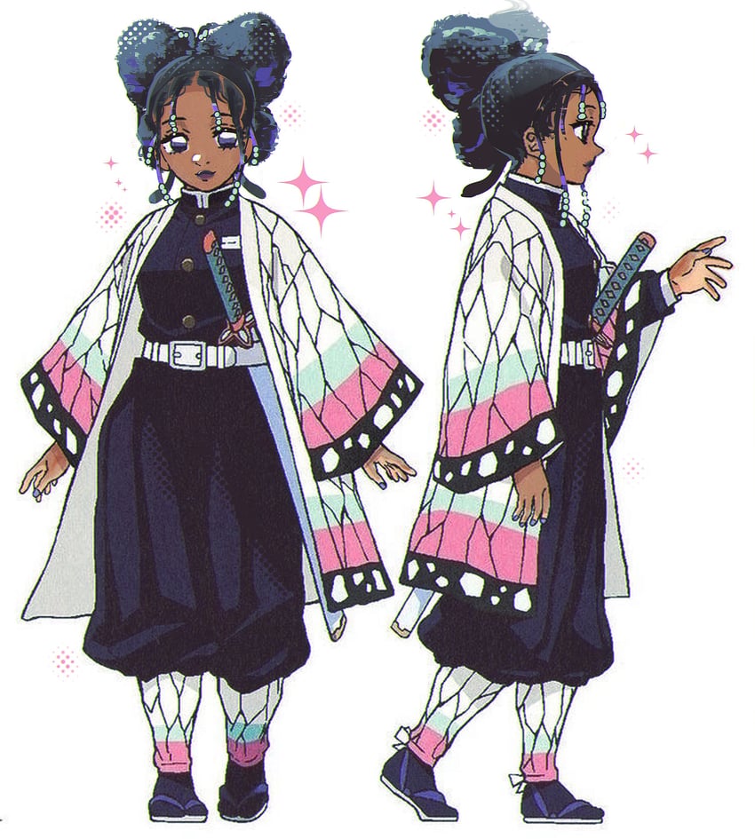 1girl, alternate_costume, alternate_hairstyle, black_hair, dark-skinned_female, dark_skin, demon_slayer_uniform, estrotengen