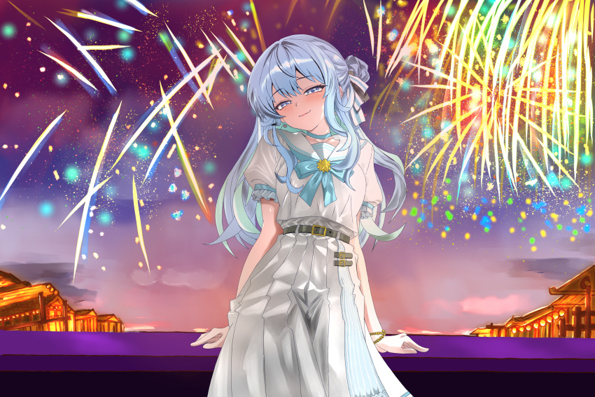 1girl, 666girimekara, absurdres, aerial_fireworks, blue_choker, blue_eyes, blue_hair, blush