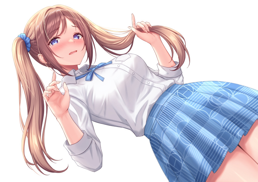 1girl, :o, absurdres, blue_ribbon, blue_skirt, blush, breasts, brown_hair