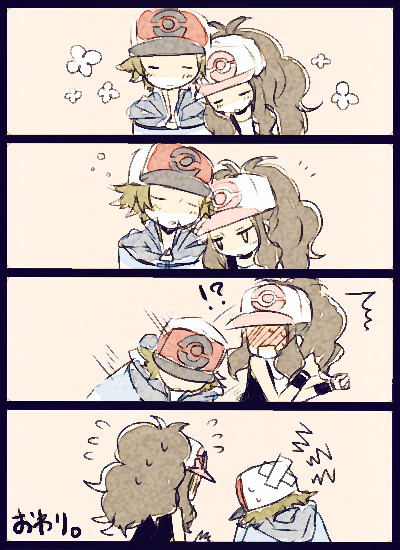 4koma, bandaid, blush, cap, closed_eyes, comic, embarrassed, eyes_closed, flower, hat, head_on_shoulder, leaning, long_hair, monochrome, pain, pokemon, pokemon_(game), pokemon_black_and_white, pokemon_bw, silent_comic, sleeping, surprised, tora_kaede, touko_(pokemon), touya_(pokemon)
