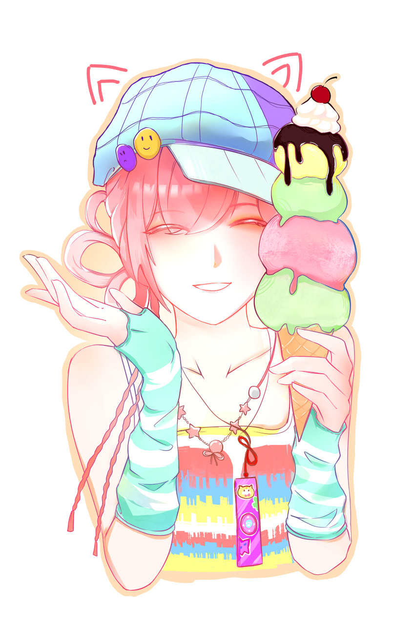 1girl, ^_^, absurdres, animal_ears, aqua_arm_warmers, arm_warmers, bare_shoulders, bead_necklace