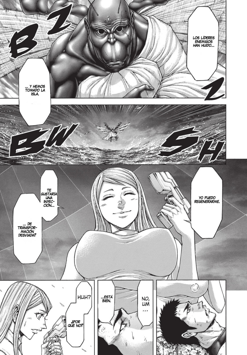 1boy, 1girl, 1other, black_hair, black_shirt, breasts, closed_eyes, cockroach_(terra_formars)