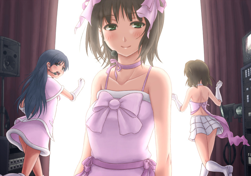 absurdres, amami_haruka, bare_shoulders, blue_hair, blush, boots, bow, brown_eyes, brown_hair, cute_&amp;_girly_(idolmaster), dress, elbow_gloves, gloves, green_eyes, hagiwara_yukiho, hair_bow, headset, highres, idolmaster, kisaragi_chihaya, long_hair, multiple_girls, open_mouth, puton, running, short_hair, skirt, smile, snow_strawberry