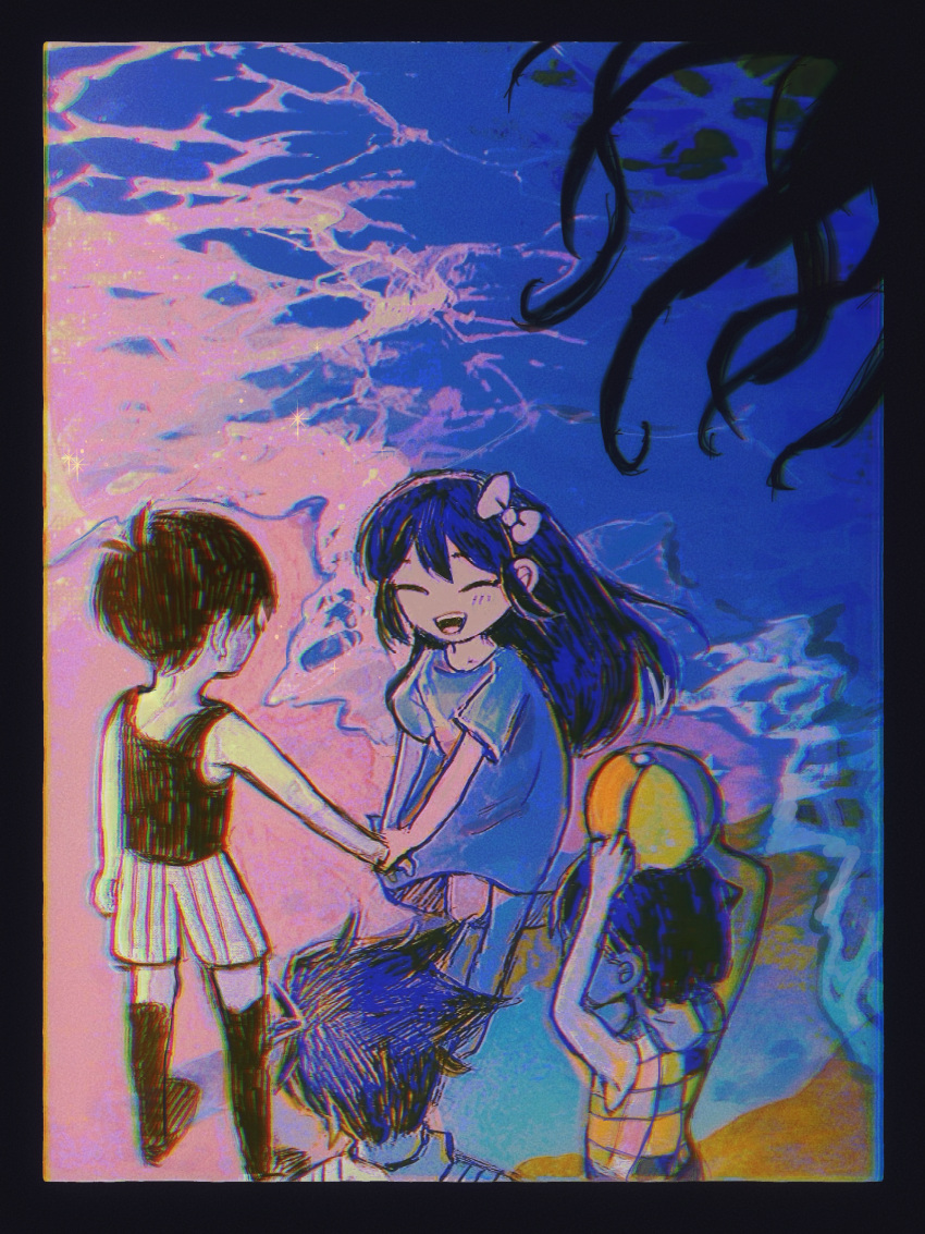1girl, 3boys, absurdres, antenna_hair, arms_up, aubrey_(headspace)_(omori), aubrey_(omori), ball