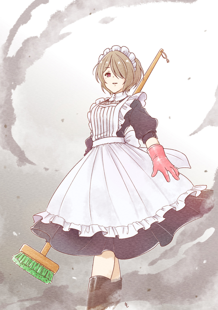 1girl, absurdres, apron, black_boots, black_dress, boots, broom, brown_eyes