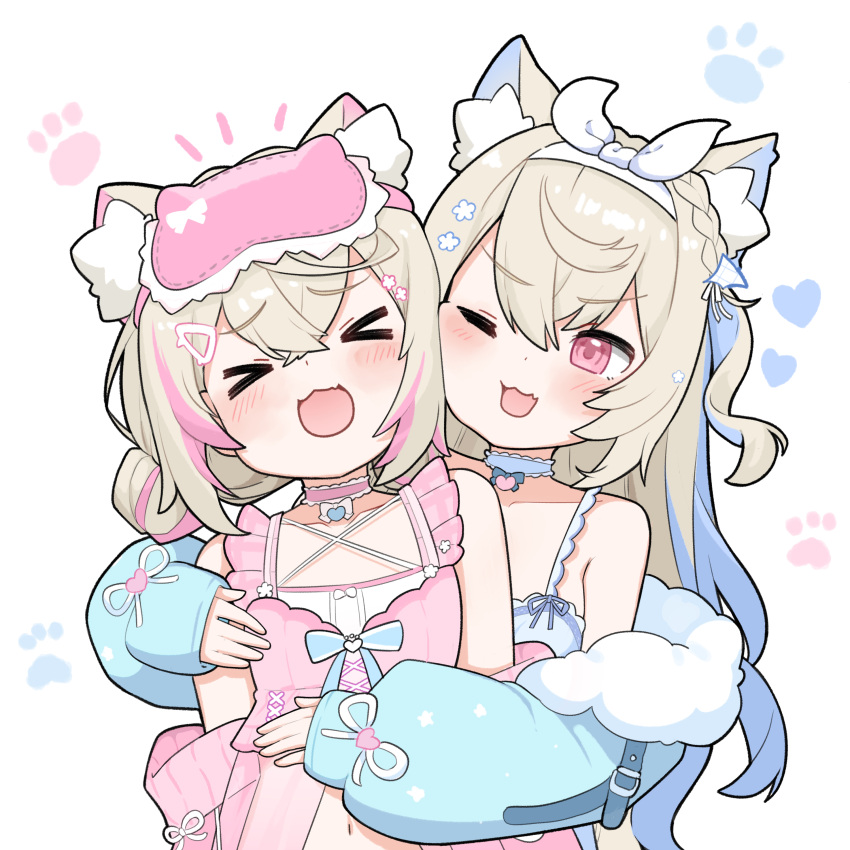 >_<, 2girls, :3, absurdres, animal_ear_fluff, animal_ears, bandaid, bandaid_hair_ornament