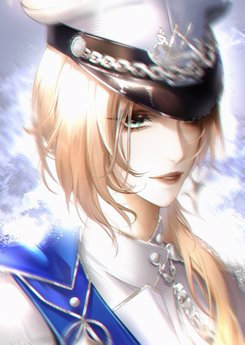 1girl, green_eyes, hair_over_shoulder, hat, highres, langley_(path_to_nowhere), light_smile, military_hat, military_uniform, official_alternate_costume, official_alternate_hairstyle, parted_lips, path_to_nowhere, portrait, qianqi_77, solo