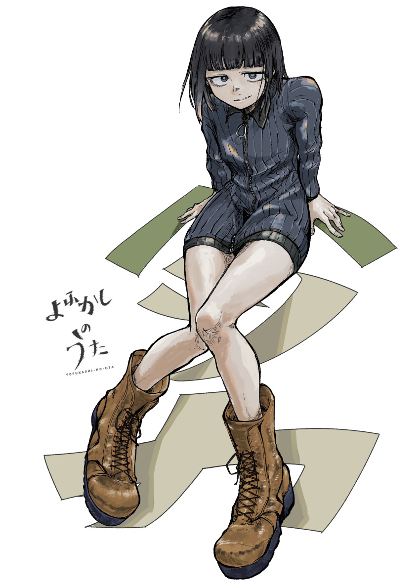 1boy, absurdres, androgynous, black_eyes, black_hair, blue_dress, blunt_bangs, boots