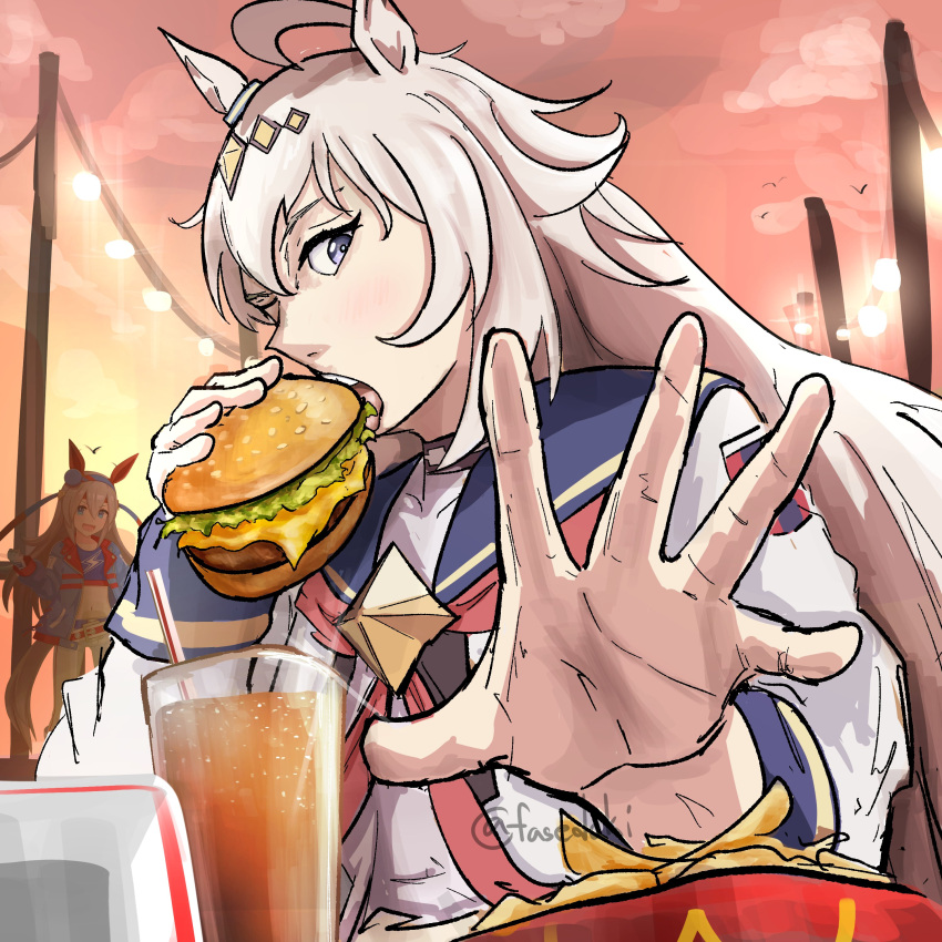 2girls, :d, absurdres, ahoge, animal_ears, belt, belt_buckle, bird, blue_eyes, blue_hairband, blue_jacket, blue_sailor_collar, blue_shirt, bread_bun, buckle, burger, cheese, crop_top, cup, drink, drinking_glass, drinking_straw, dusk, ear_covers, eating, english_commentary, fasedoki, food, french_fries, grey_hair, hair_between_eyes, hairband, headband, highres, holding, holding_burger, holding_food, horse_ears, horse_girl, horse_tail, jacket, jujutsu_kaisen, lettuce, long_hair, long_sleeves, mcdonald's, meat, multicolored_hairband, multicolored_jacket, multiple_girls, neckerchief, oguri_cap_(starlight_beat)_(umamusume), oguri_cap_(umamusume), one_eye_closed, open_hand, open_mouth, orange_sky, outdoors, pants, parody, red_belt, red_hairband, red_headband, red_jacket, red_neckerchief, sailor_collar, sesame_seeds, shirt, sky, sliced_cheese, smile, solo_focus, string_of_light_bulbs, tail, tamamo_cross_(fast_as_lightning)_(umamusume), tamamo_cross_(umamusume), twitter_username, two-tone_hairband, two-tone_jacket, umamusume, white_jacket, white_pants