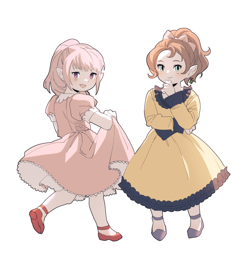 2girls, absurdres, blue_eyes, bow, brown_hair, closed_mouth, crossed_arms, dress