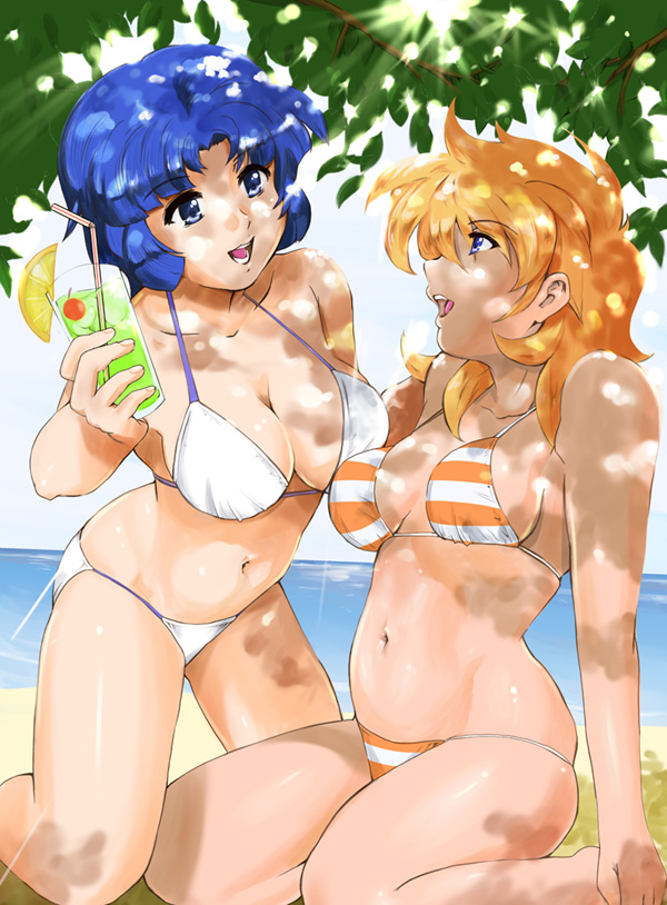 beach, bikini, blonde_hair, blue_eyes, blue_hair, drink, duo, funky-harem