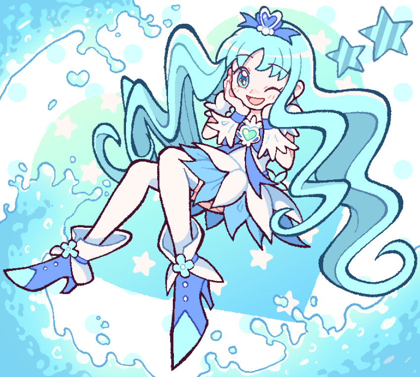 1girl, ;d, abstract_background, blue_boots, blue_bow, blue_dress, blue_eyes, blue_hair