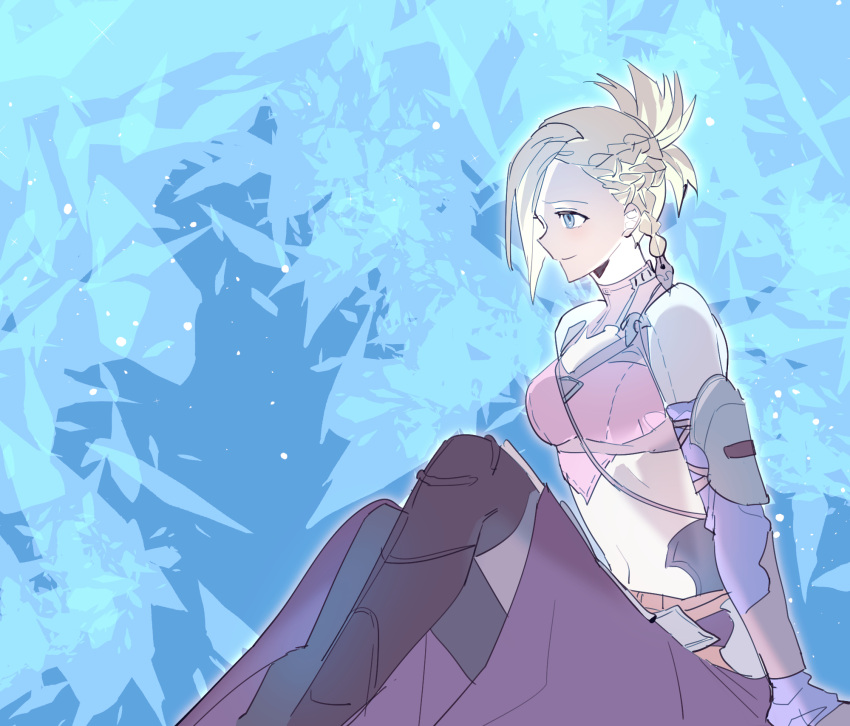 1girl, blonde_hair, blue_background, blue_eyes, boots, braid, breasts, brown_boots