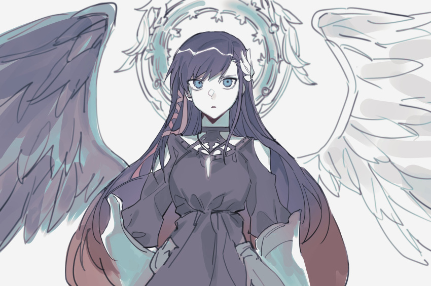 1girl, asymmetrical_wings, black_dress, black_hair, black_wings, blue_eyes, breasts, clothing_cutout, corruption, dark_persona, dress, expressionless, feather_hair_ornament, feathered_wings, feathers, ff_topet, final_fantasy, final_fantasy_xiv, fusion, gaia_(ff14), hair_ornament, hair_ribbon, halo, highres, looking_at_viewer, medium_breasts, mismatched_wings, mitron_(ff14), pandora_(ff14), pink_ribbon, possessed, ribbon, ryne_waters, shoulder_cutout, solo, upper_body, white_background, white_wings, wings