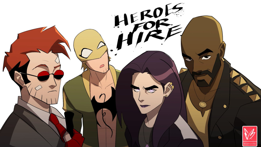 1girl, 3boys, blind, daredevil_(series), dark-skinned_male, dark_skin, glasses, highres