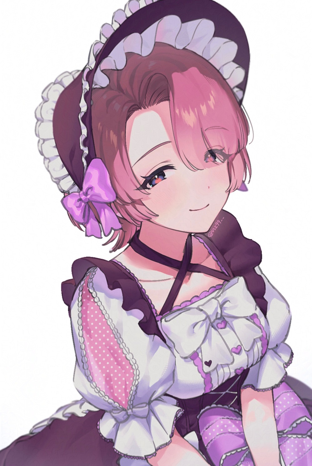 1girl, arimura_mao, bonnet, bow, bowtie, buttons, commentary, curtains