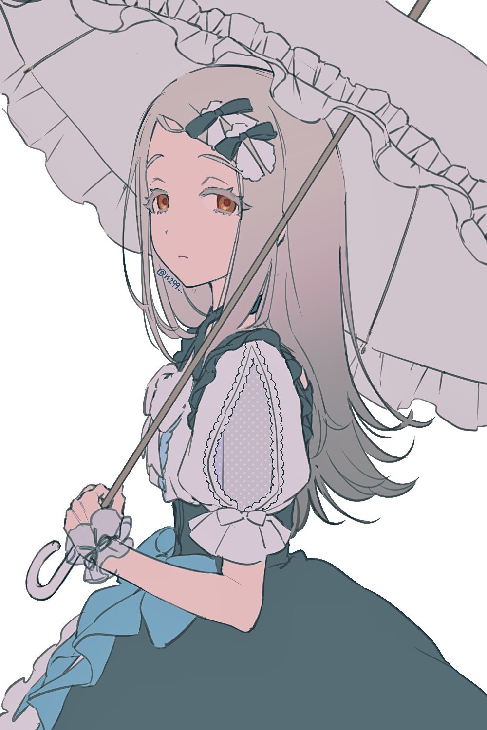 1girl, black_dress, blonde_hair, brown_eyes, colored_eyelashes, dress, expressionless, flipped_hair