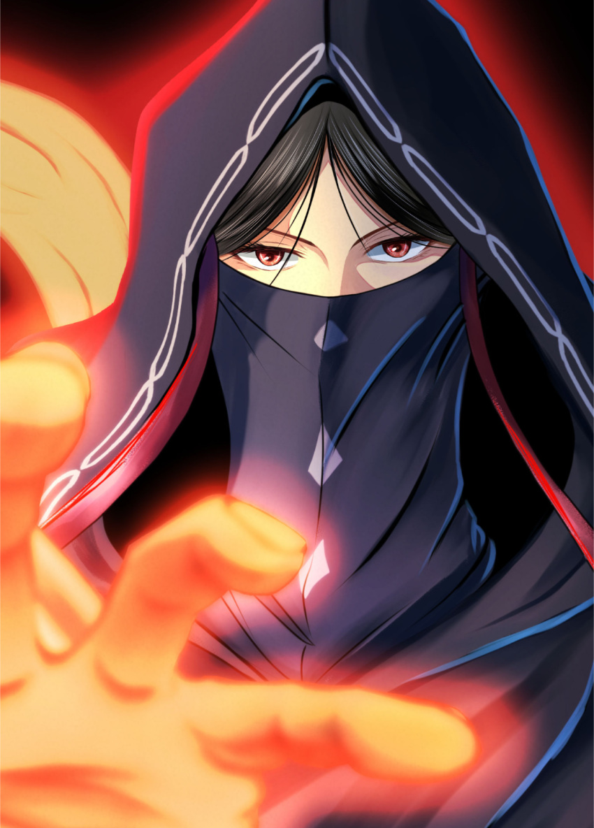 1girl, black_cloak, black_hood, cloak, covered_mouth, fate/strange_fake, fate_(series), highres