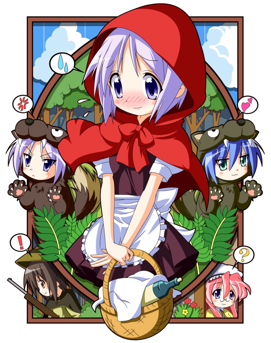 basket, big_bad_wolf_(cosplay), big_bad_wolf_(grimm), bottle, cosplay, grandmother_(little_red_riding_hood), grandmother_(little_red_riding_hood)_(cosplay), grimm's_fairy_tales, grimm's_fairy_tales, highres, hiiragi_kagami, hiiragi_tsukasa, hood, hunter_(little_red_riding_hood), hunter_(little_red_riding_hood)_(cosplay), izumi_konata, kusakabe_misao, little_red_riding_hood, little_red_riding_hood_(cosplay), little_red_riding_hood_(grimm), lucky_star, parody, purple_eyes, purple_hair, rindou_(awoshakushi), short_hair, takara_miyuki, violet_eyes, wolf, wolf_costume