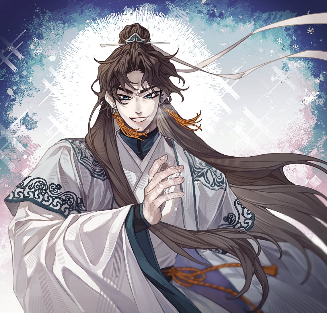blue_background, blue_eyes, brown_hair, chinese_clothes, earrings, falling_shark, ice, jewelry, layered_clothes, long_hair, looking_at_viewer, male_focus, mong_rang, open_hand, open_mouth, return_of_the_mad_demon, smile, snowflakes, solo, upper_body, white_background