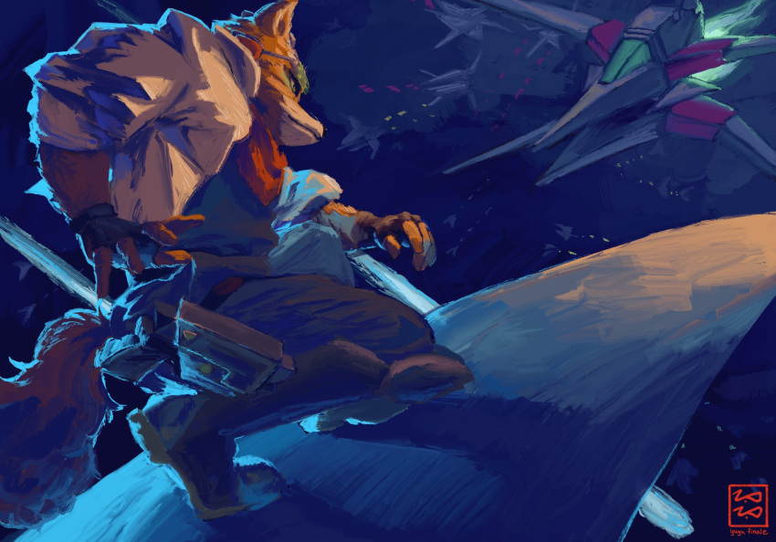 arwing, fox_boy, fox_mccloud, furry, furry_male, galaxy, highres, power_suit_(metroid), science_fiction, space, spacecraft, star_(sky), star_fox, varia_suit, yuyu_finale