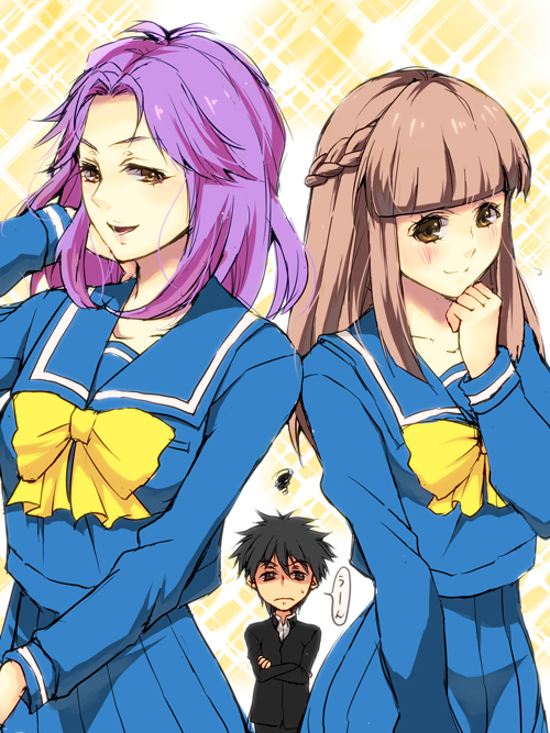 2girls, blush, kagami_mira, mikihara_megumi, multiple_girls, protagonist_(tokimemo), school_uniform, serafuku