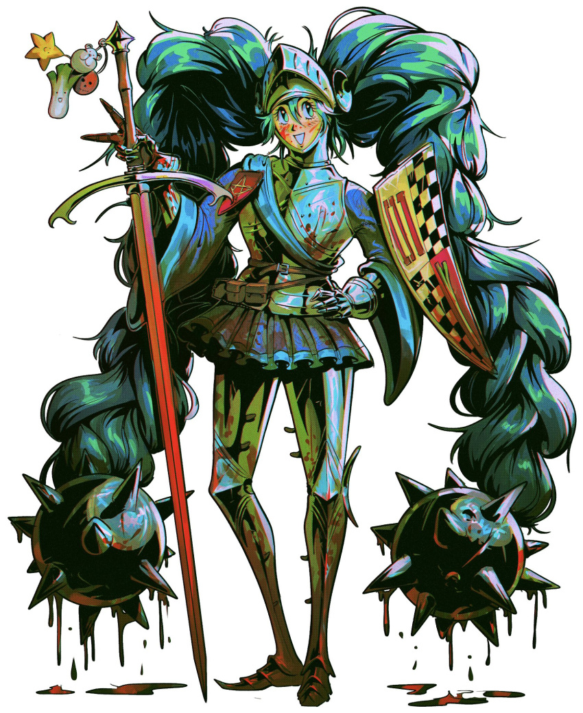 1girl, armet, armor, belt, belt_pouch, blood, blood_in_hair, blood_on_clothes