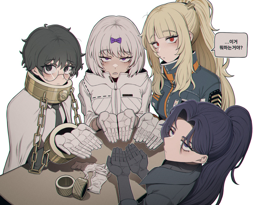 4girls, black_eyes, black_gloves, black_hair, black_necktie, blonde_hair, blush, bow