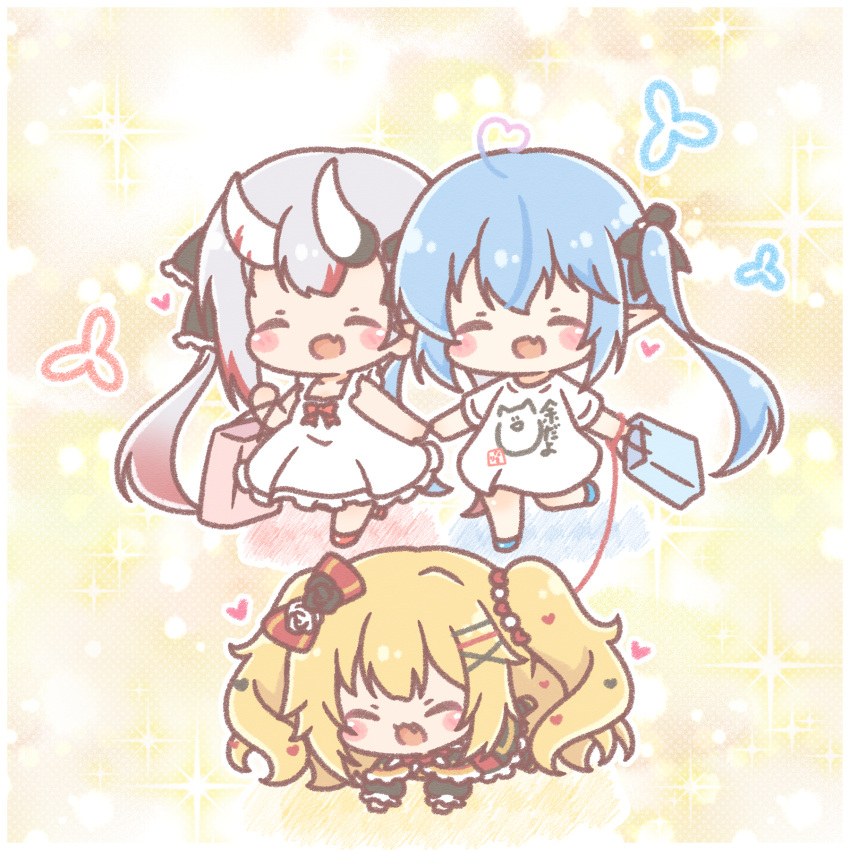 3girls, :d, ^_^, ahoge, akai_haato, akai_haato_(gothic_lolita), all_fours, bag