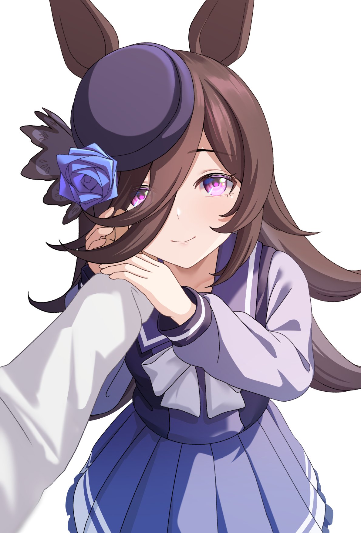 1girl, 1other, animal_ears, blue_jacket, blue_shirt, bow, brown_eyes, brown_hair