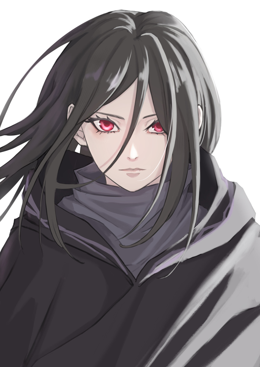 1girl, absurdres, black_hair, black_hood, burqa, chake, cloak, closed_mouth, fate/strange_fake, fate_(series), hair_between_eyes, highres, hood, hooded_cloak, hooded_robe, long_hair, looking_at_viewer, no_name_assassin_(fate), red_eyes, robe, short_hair, simple_background, solo, upper_body, white_background