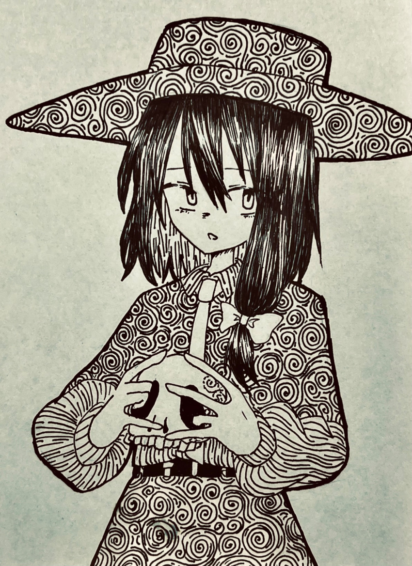 1girl, asymmetrical_sidelocks, belt, black_belt, bow, commentary, grey_background, greyscale