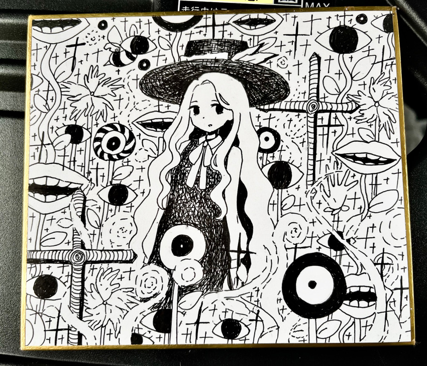 1girl, alternate_costume, bee, black_hat, bow, bowtie, bug, collared_dress, commentary, cross, disembodied_eye, disembodied_mouth, dress, frilled_hat, frills, greyscale, haruka_yoppa, hat, highres, jacket_girl_(dipp), long_hair, monochrome, open_mouth, parted_lips, plant, sleeveless, sleeveless_dress, solo, tagme, touhou, very_long_hair