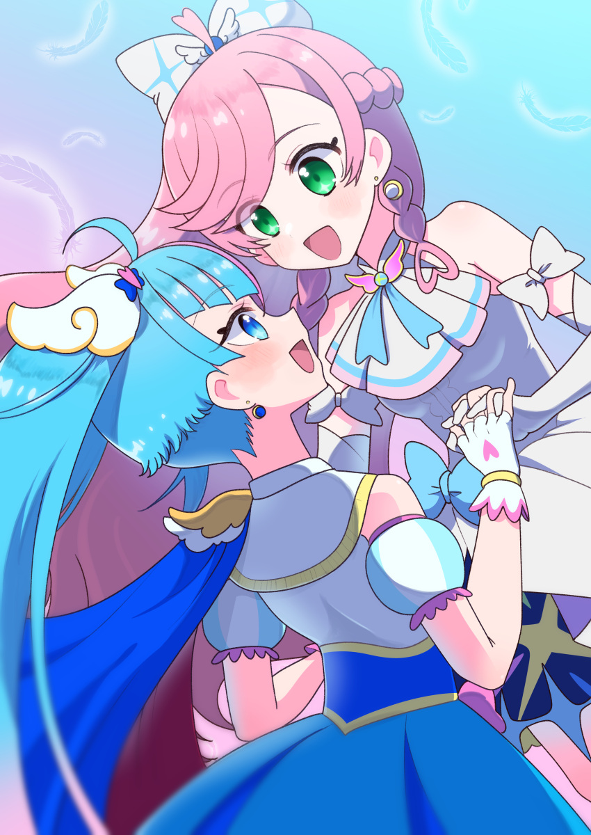2girls, absurdres, ahoge, aqua_bow, aqua_eyes, aqua_hair, aqua_ribbon, bare_shoulders, blush, bow, braid, commentary_request, cure_prism, cure_sky, earrings, elbow_gloves, eyelashes, fingerless_gloves, gloves, green_eyes, hair_bow, highres, hirogaru_sky!_precure, holding_hands, jewelry, long_hair, multiple_girls, natin_(11598494), neck_ribbon, open_mouth, pink_hair, precure, puffy_short_sleeves, puffy_sleeves, ribbon, short_sleeves, smile, twin_braids, undercut, white_bow, white_gloves