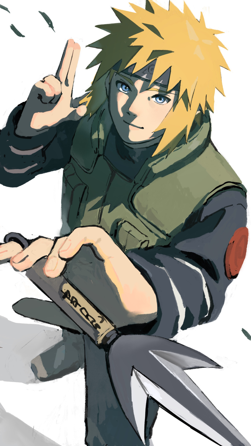 1boy, absurdres, blonde_hair, flak_jacket, forehead_protector, highres, jacket, konohagakure_shinobi_uniform