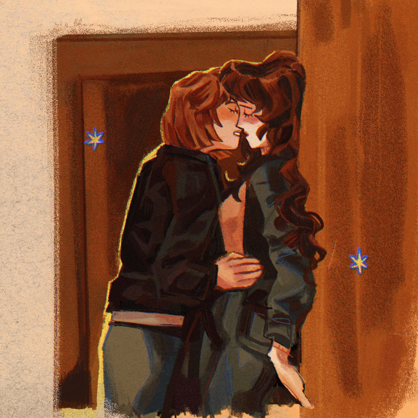 2girls, black_jacket, brown_hair, closed_eyes, commentary, english_commentary, highres, imminent_kiss