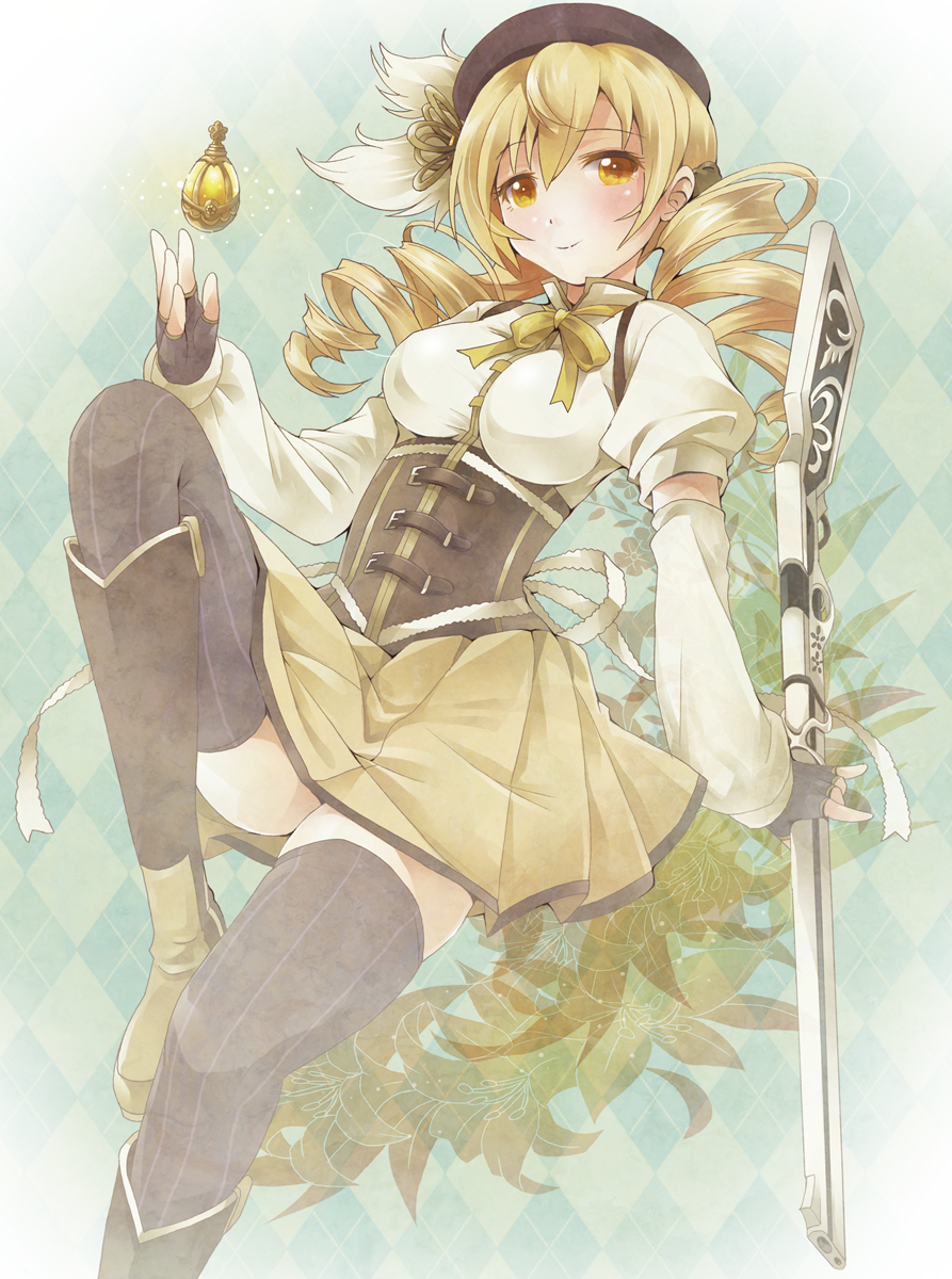 argyle, argyle_background, blonde, blonde_hair, blush, boots, breasts, curly_hair