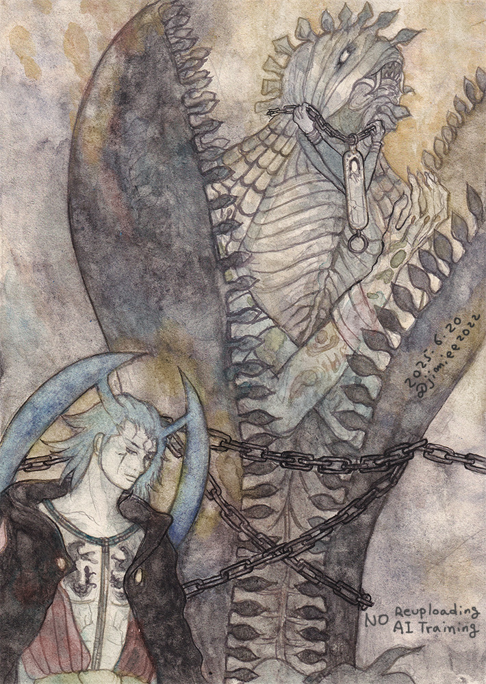 1boy, 1girl, anima_(final_fantasy), bandages, black_robe, blue_hair, brown_background, chain, closed_mouth, commentary_request, dated, final_fantasy, final_fantasy_x, jimiee2022, monster_girl, mother_and_child, mother_and_son, open_mouth, parent_and_child, robe, seymour_guado, sharp_teeth, standing, teeth, traditional_media, watermark