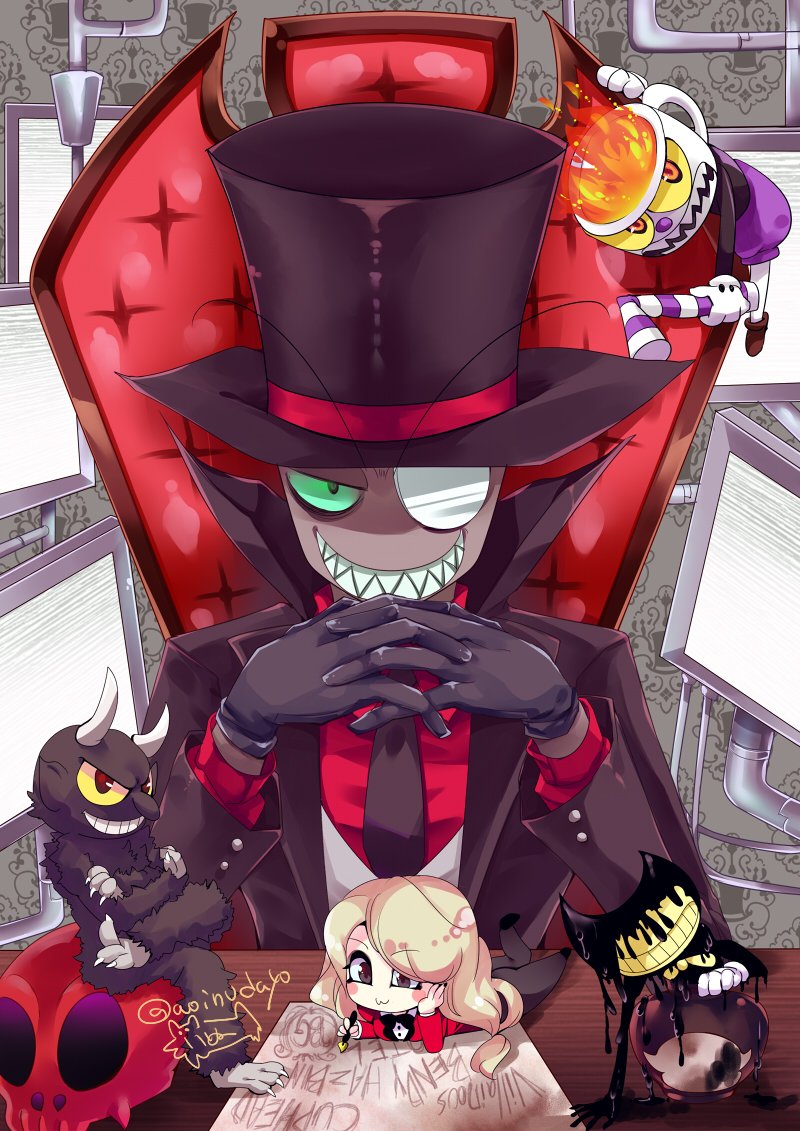 1girl, 4boys, aoinunu_(kamutomushi), bendy, bendy_and_the_ink_machine, black_coat, black_hat, black_hat_(villainous)