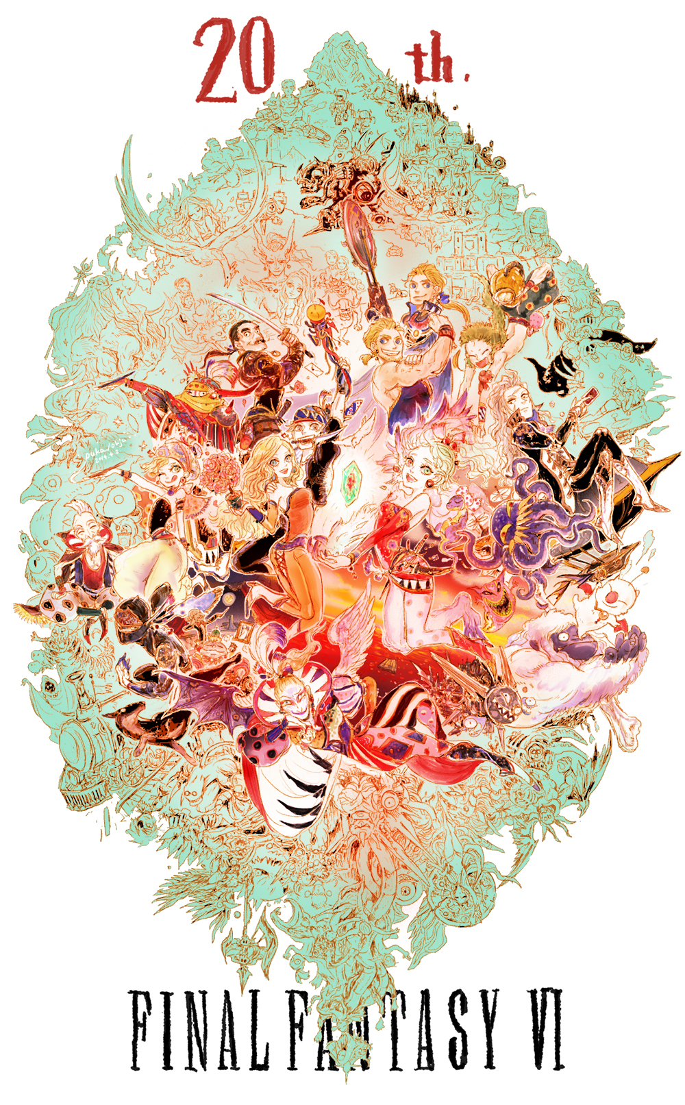absurdly_detailed_composition, anniversary, cape, celes_chere, chocobo, copyright_name, cyan_garamonde, edgar_roni_figaro