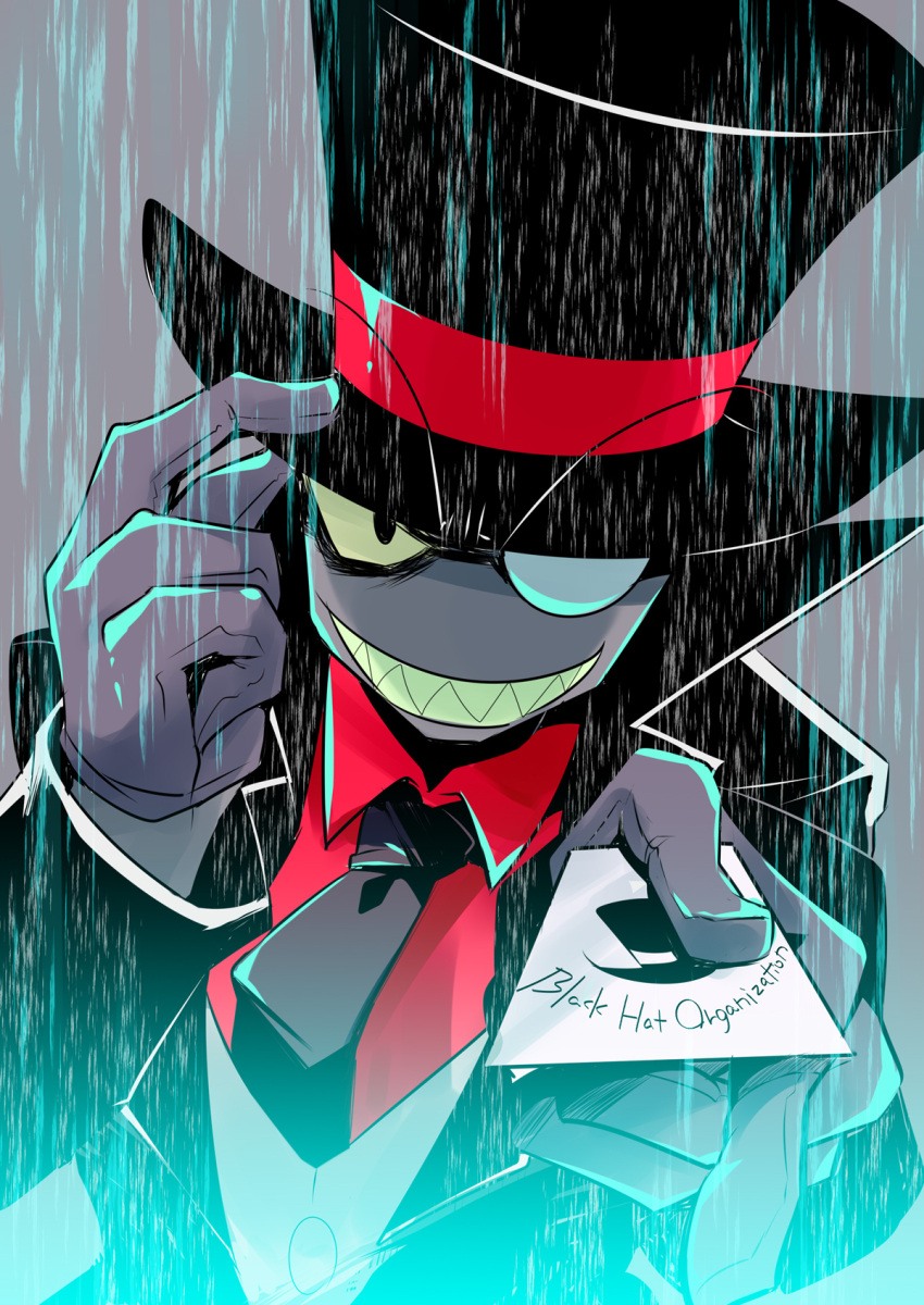 1boy, aoinunu_(kamutomushi), black_coat, black_eyes, black_hat, black_hat_(villainous), black_necktie, business_card