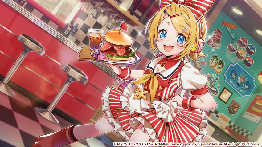 1girl, americana, apron, bar_counter, bar_stool, blonde_hair, blue_eyes, bow, burger, carhop, copyright_name, cup, diner, disposable_cup, dress, employee_uniform, fast_food, fast_food_uniform, food, frilled_apron, frills, hair_bow, hair_ornament, hairclip, hatsune_miku_logic_paint_s, headphones, headset, highres, holding, holding_tray, kagamine_rin, leg_warmers, looking_at_viewer, neckerchief, official_art, open_mouth, puffy_short_sleeves, puffy_sleeves, restaurant, sawashi_(ur-sawasi), short_hair, short_sleeves, soda, stool, striped_bow, striped_clothes, striped_dress, tray, treble_clef, vocaloid, waist_apron, waitress, white_apron, x_hair_ornament, yellow_neckerchief