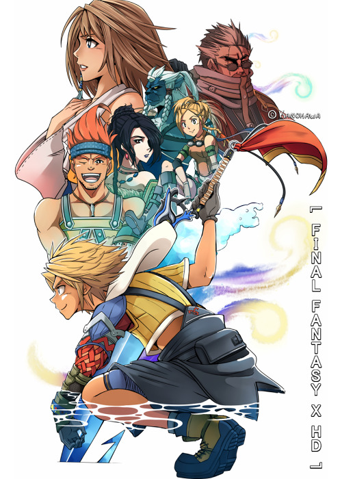 3girls, 4boys, armor, auron, blonde_hair, blue_headband, brotherhood_(ff10), copyright_name