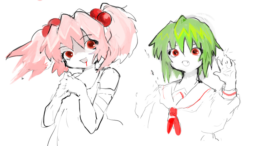 2girls, 8eyes, bandaged_arm, bandages, blood, blood_from_mouth, colored_skin, dress