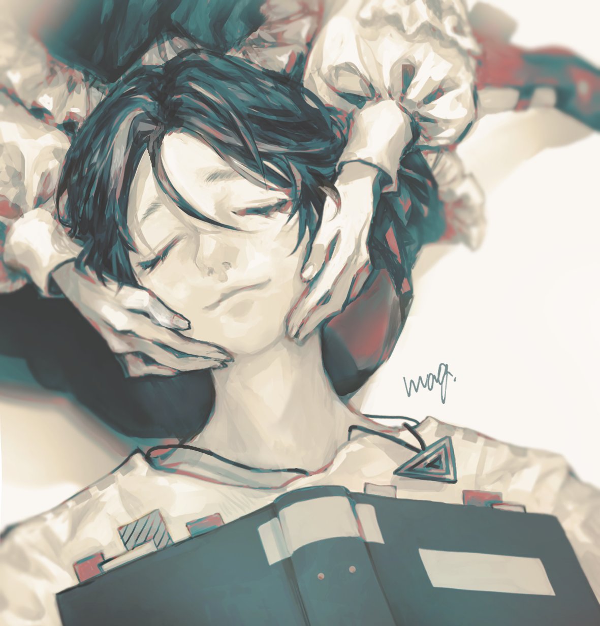 1boy, 1girl, book, closed_eyes, closed_mouth, commentary_request, fukurai_azami, hands_on_another's_cheeks, hands_on_another's_face, highres, lap_pillow, long_sleeves, lying, mag_(ma9xxx), meguriya_ayumu, monochrome, on_back, puffy_long_sleeves, puffy_sleeves, shirt, shoes, short_hair, sitting, skirt, sleeping, solo_focus, toshi_densetsu_kaitai_center, upper_body, vest