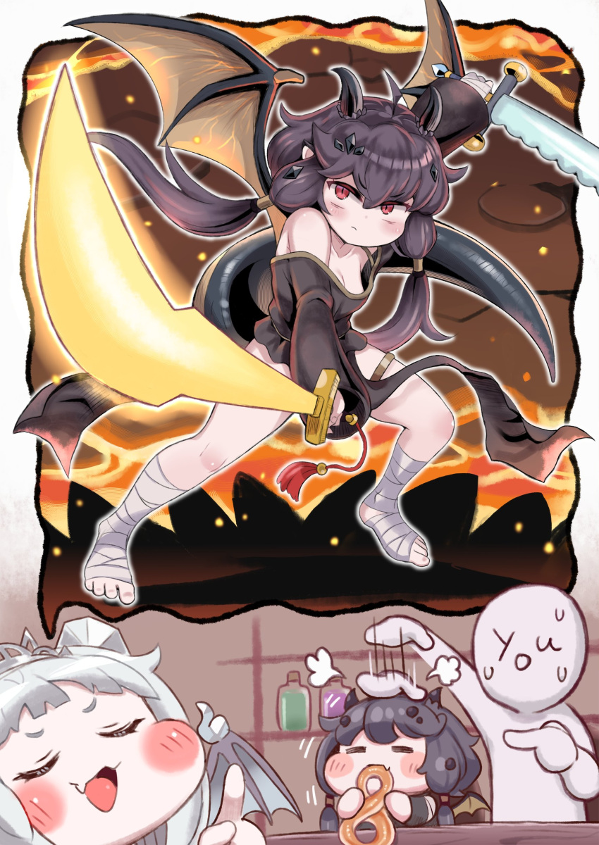 1other, 2girls, =_=, absurdres, ahoge, bandaged_foot, bandages, bare_shoulders