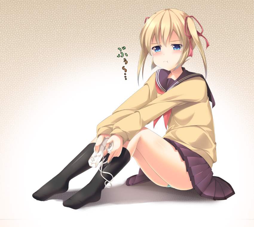 1girl, black_legwear, blonde_hair, blue_eyes, blue_panties, blush, footwear, highres, nekomu_shi, no_shoes, original, panties, pantyshot, pantyshot_(sitting), pantyshot_sitting, pleated_skirt, pout, school_uniform, serafuku, sitting, skirt, socks, twintails, underwear, wii, wii_remote