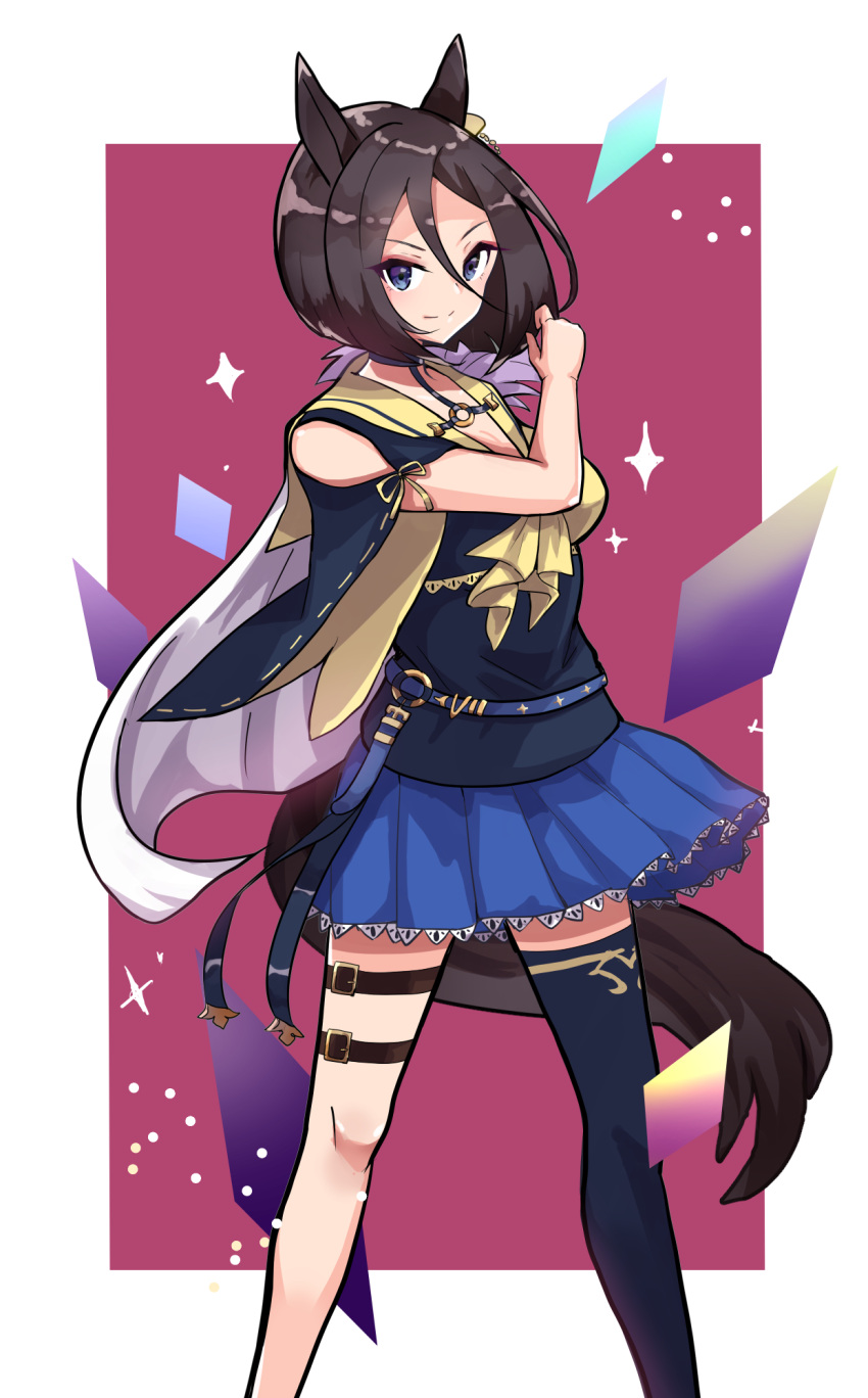 1girl, air_groove_(empress_road)_(umamusume), air_groove_(umamusume), akane_(akane112234), animal_ears, black_shirt, black_thighhighs, blue_eyes