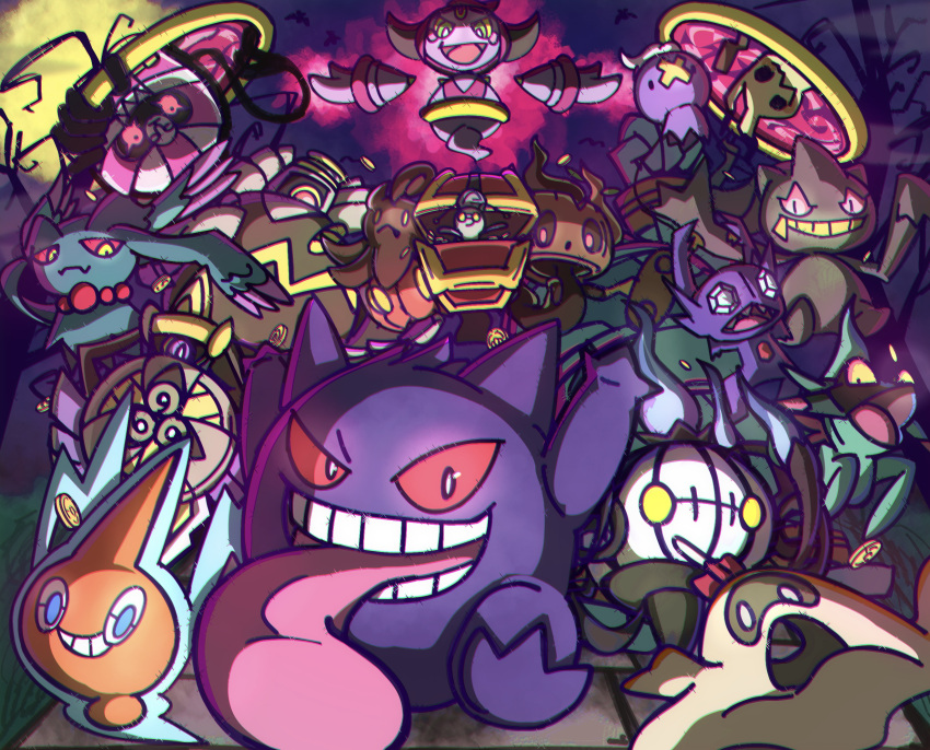 aegislash, alternate_color, aura, banette, blue_eyes, blue_fire, candygast, chandelure, closed_mouth, cofagrigus, coin, colored_sclera, commentary_request, dreepy, drifloon, dusknoir, fire, flutter_mane, gengar, ghost_type_theme_(pokemon), gimmighoul, gimmighoul_(chest), golurk, highres, holding, holding_shield, hoopa, hoopa_(confined), horns, long_tongue, mimikyu, moon, night, one-eyed, open_mouth, outdoors, phantump, pokemon, pokemon_(creature), pokemon_focus, portal_(object), pumpkaboo, red_sclera, rotom, rotom_(normal), sableye, sharp_teeth, shield, shiny_pokemon, smile, teeth, through_portal, tongue, tongue_out, tree, upper_teeth_only, vananadium_ex, yellow_eyes